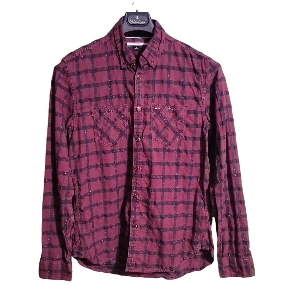 Tommy Hilfiger Men's Red Black Button Up Long Sleeve Shirt Size M